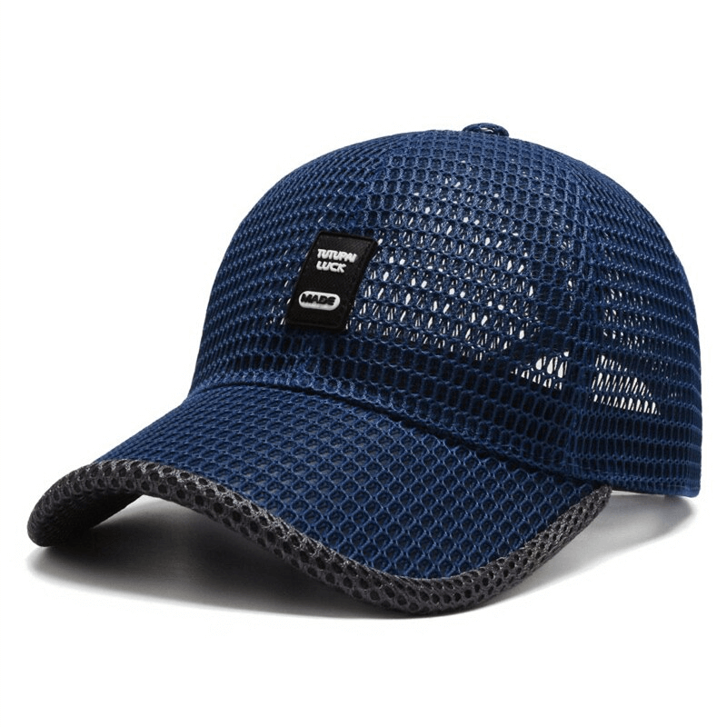 Mesh stylish men's baseball cap SF0793 in blue with adjustable strap, offers sun protection and a cool fit for outdoor activities.