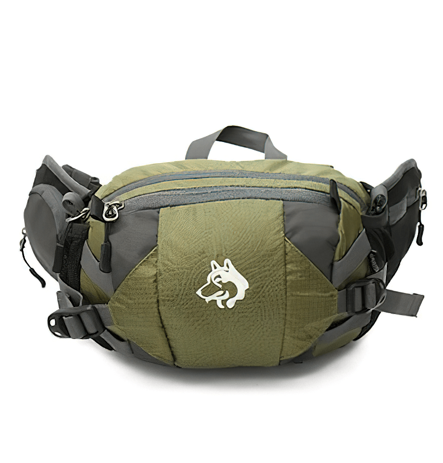Unisex multi-purpose outdoor sports waist bag in army green with a diagonal belt and sturdy nylon design, ideal for hiking and travel.