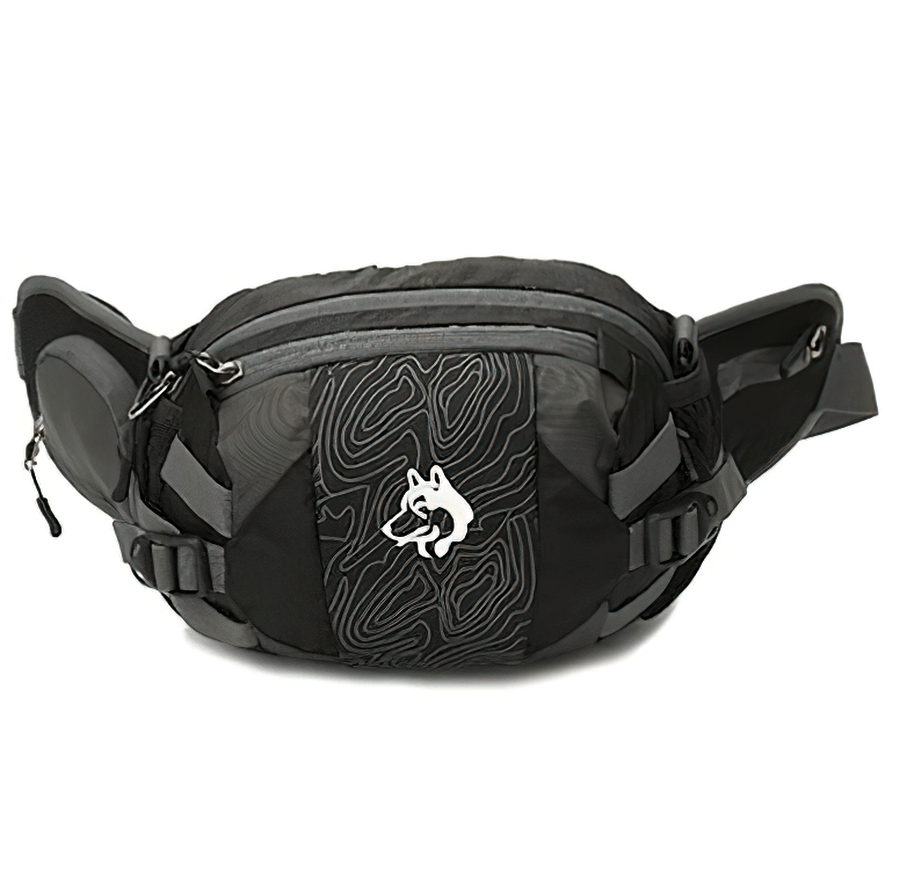 Black multi-purpose outdoor sports waist bag with diagonal belt and 8L capacity, featuring durable nylon and stylish design, perfect for hiking.