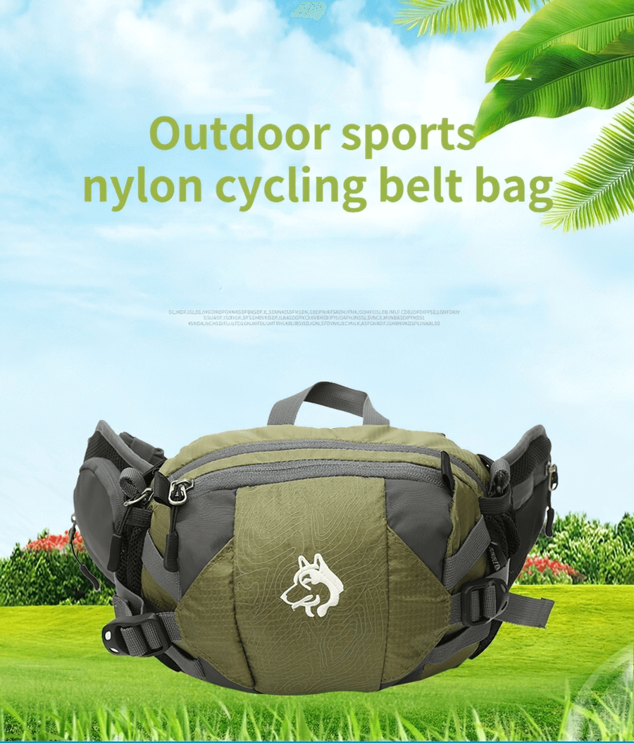 Unisex outdoor sports waist bag in army green with diagonal belt on green grass backdrop.