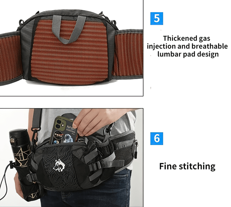 Multi-purpose outdoor sports waist bag SF0632 with lumbar pad and detailed stitching, shown with accessories and diagonal belt.
