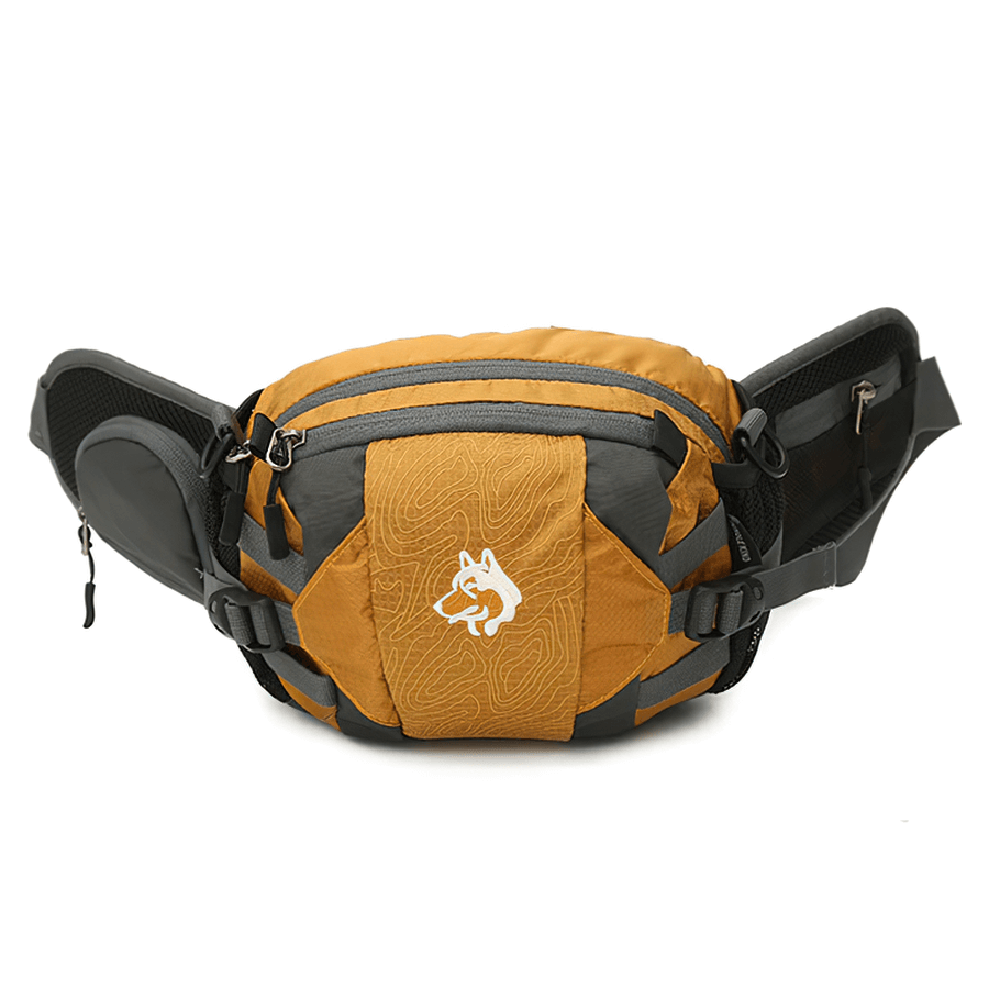 Yellow multi-purpose outdoor sports waist bag with diagonal belt, featuring 8L capacity and unisex design for outdoor activities.