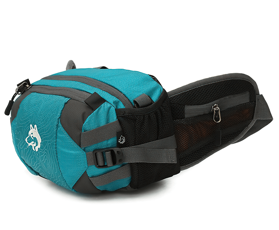 Lake blue multi-purpose outdoor sports waist bag with diagonal belt, unisex design, 8L capacity, ideal for hiking and activities.