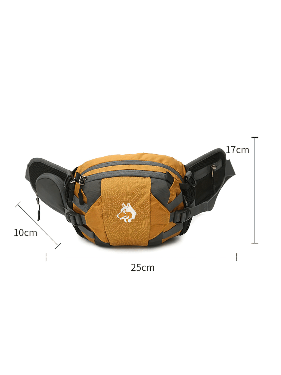 Yellow multi-purpose outdoor sports waist bag with diagonal belt, unisex design, 8L capacity, durable nylon, dimensions labeled.