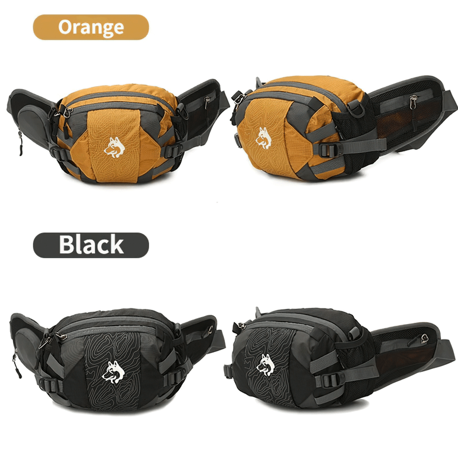 Multi-purpose outdoor sports waist bag in orange and black with diagonal belt, durable nylon, unisex design, 8L capacity.