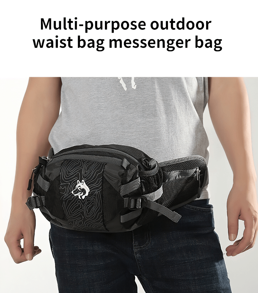 Stylish outdoor sports waist bag with diagonal belt, unisex design in durable black nylon. Perfect for outdoor activities. Model SF0632.