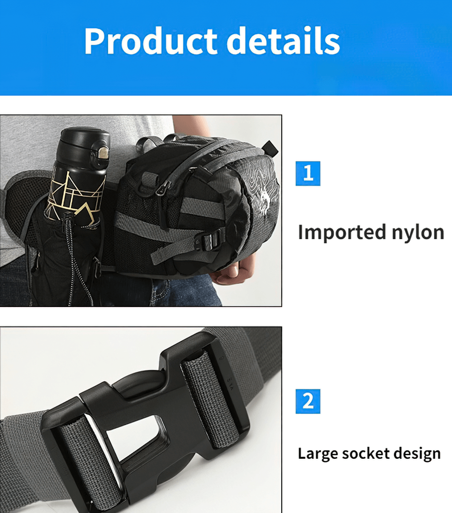 Multi-Purpose Outdoor Sports Waist Bag with bottle holder and durable nylon design, showcasing large belt socket - SF0632