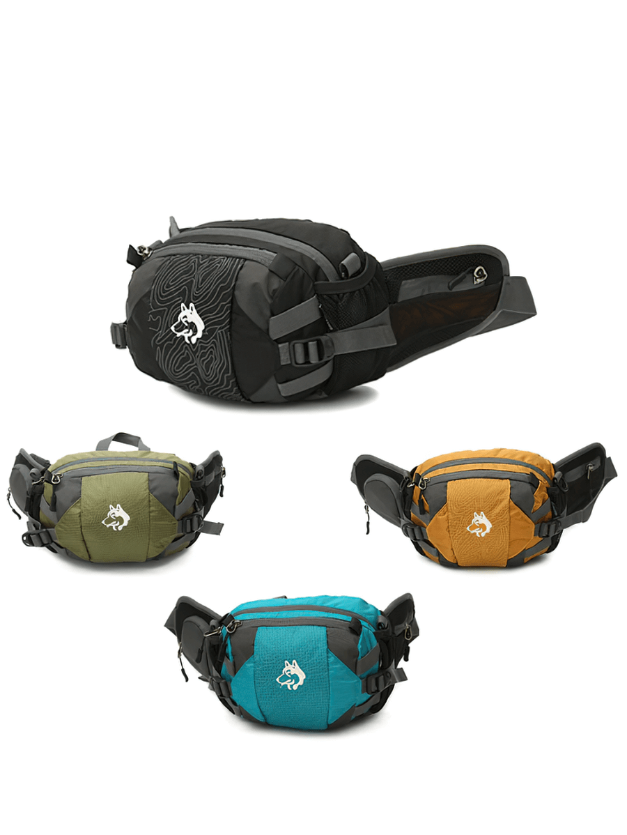 Multi-purpose outdoor sports waist bags in black, yellow, army green, and lake blue, perfect for outdoor activities.