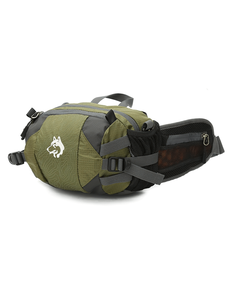 Army green multi-purpose outdoor sports waist bag with diagonal belt for unisex, 8L capacity, durable nylon. Ideal for adventures.