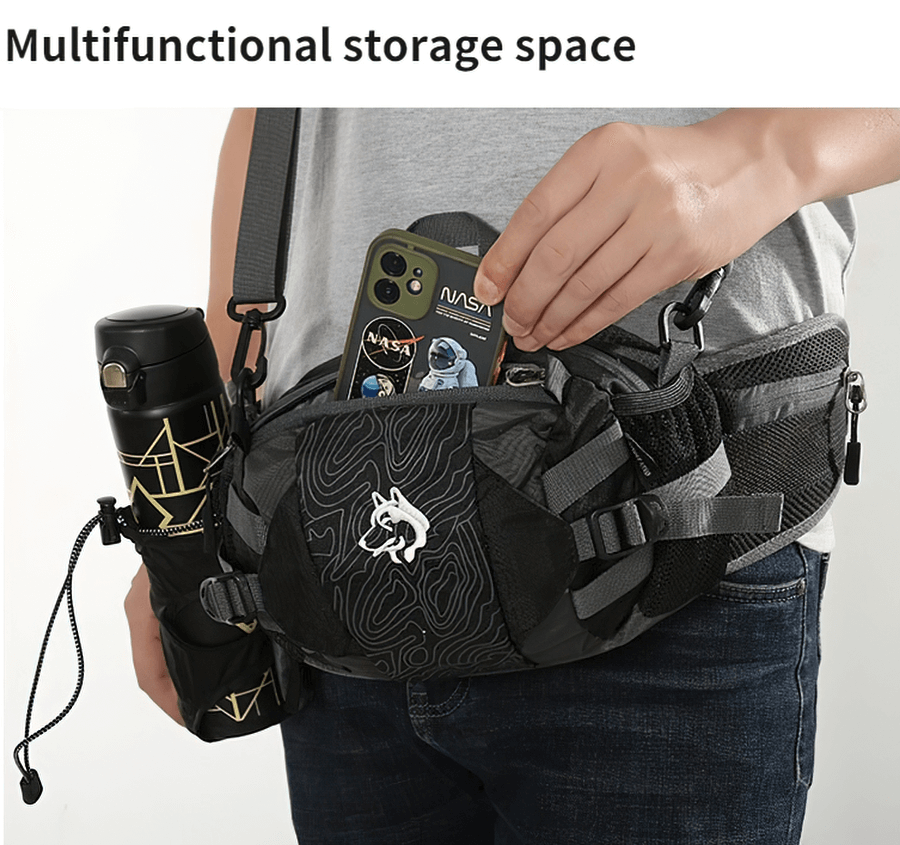 Unisex outdoor waist bag with diagonal belt, holding smartphone and water bottle, ideal for sports and travel, model SF0632.