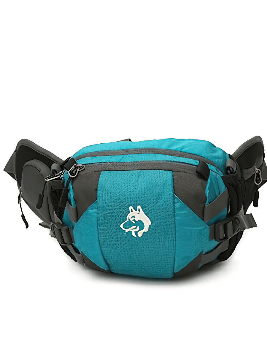 Lake blue multi-purpose outdoor sports waist bag with diagonal belt, durable nylon, unisex design. Perfect for 8L outdoor storage.