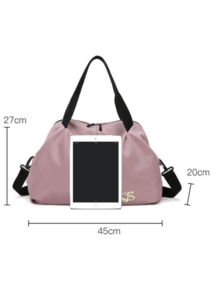 Purple multifunction waterproof women's gym bag with black straps and capacity of 20-35L; suitable for sports, swimming, and travel.
