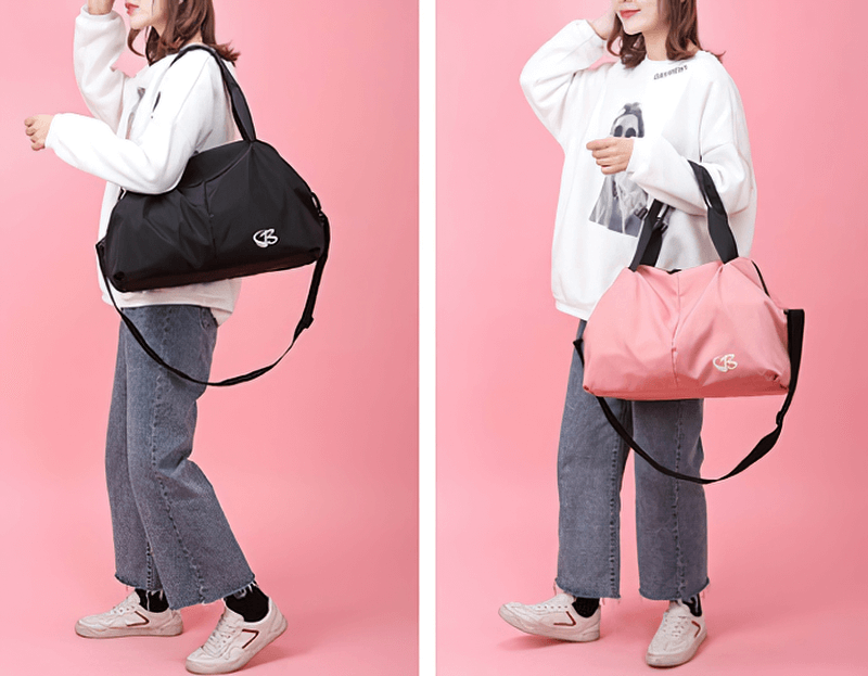 Women holding multifunction waterproof large capacity gym bags in black and pink, perfect for sports, fitness, and travel.