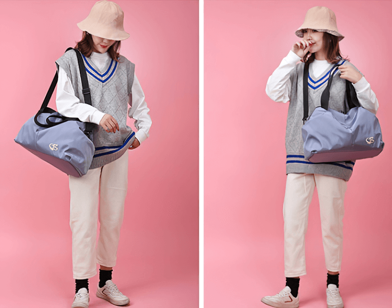 Woman posing with a waterproof multifunction gym bag, showcasing its large capacity and stylish design. Perfect for fitness lovers.