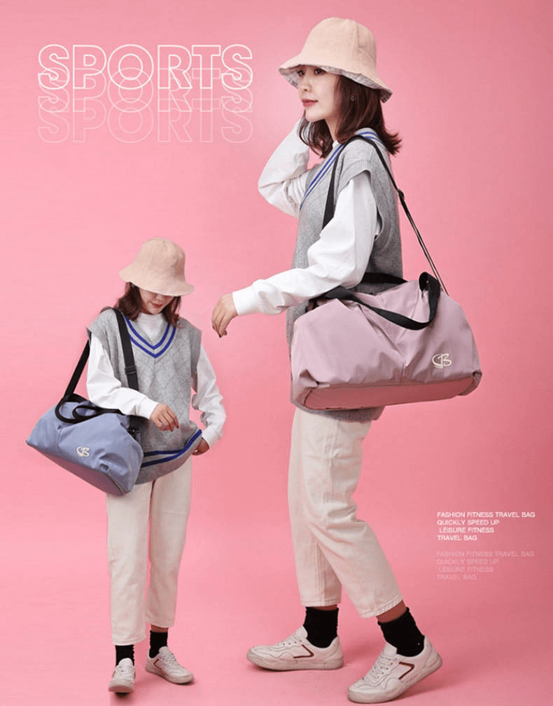 Two women with fashionable waterproof gym bags in pink and blue, showcasing style and capacity. Perfect for sports and travel.