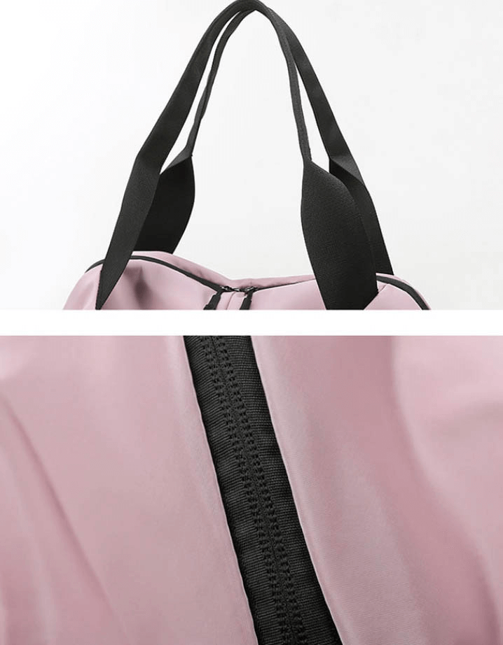 Close-up of pink waterproof gym bag showing zipper and handles, part of the Multifunction Large Capacity Women's Gym Bag - SF0904