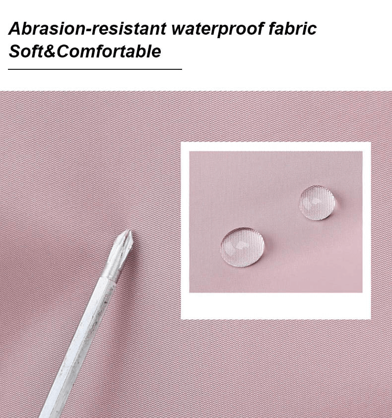 Close-up of abrasion-resistant, waterproof, and comfortable pink fabric with water droplets and a stitching needle.
