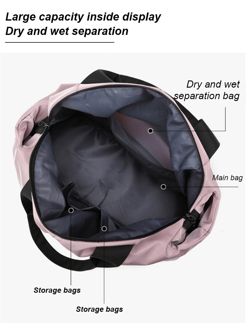 Inside view of the waterproof women's gym bag SF0904, featuring dry and wet separation with spacious storage compartments.