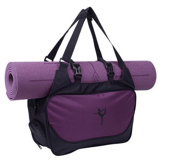 Multifunctional waterproof sport women's bag with mat clip, stylish design for fitness and travel, in purple and black.