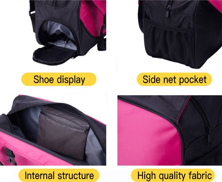 Close-up of black and pink multifunctional women's sports bag features including shoe compartment, net pocket, and durable fabric