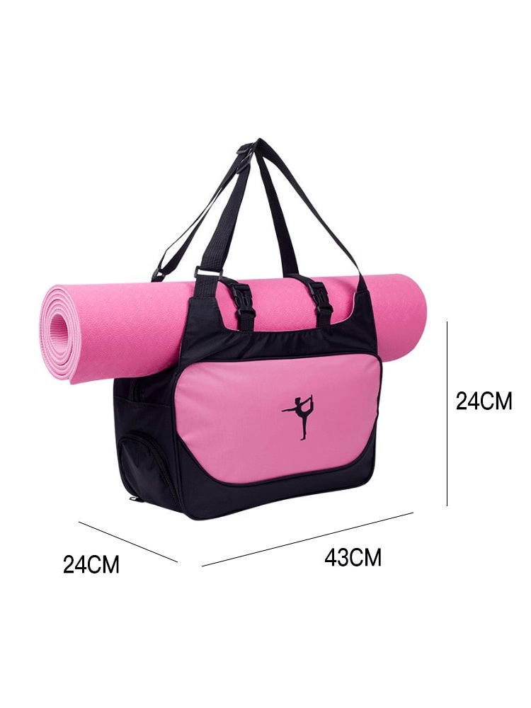 Pink multifunctional waterproof sport women's bag with mat clip, dimensions 43x24x24cm. Perfect for fitness and outdoor use.