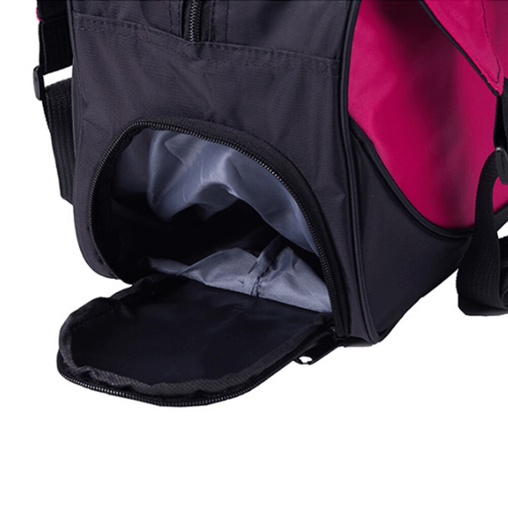 Open zipper compartment of multifunctional waterproof sport women's bag SF0922, showing spacious interior and pink design details.