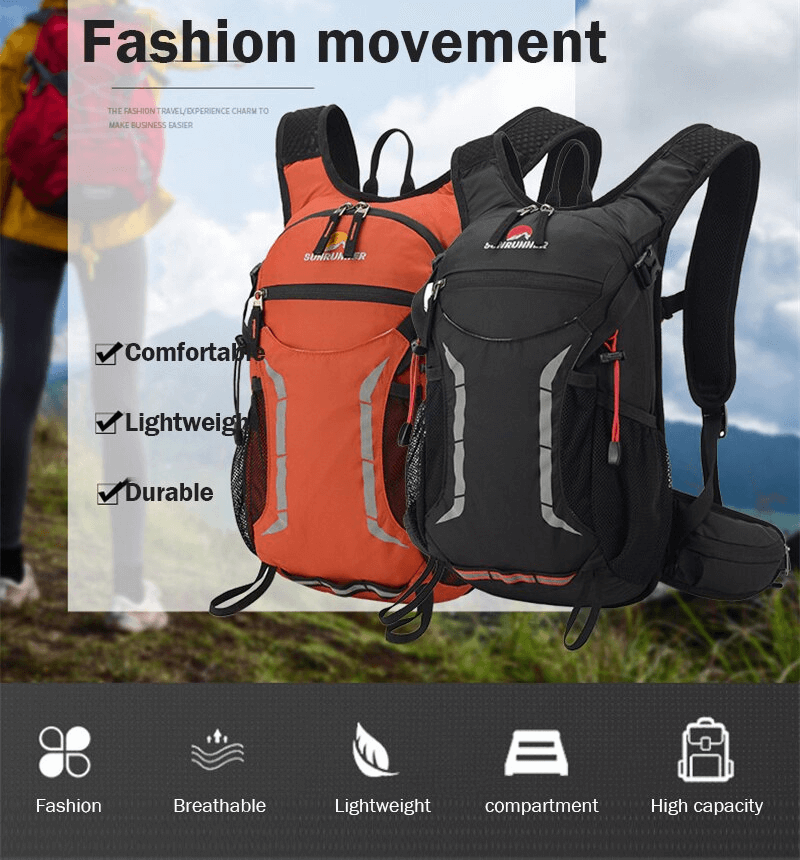 Orange and black waterproof hiking backpacks with multiple pockets for outdoor adventures, featuring breathable mesh and air cushion straps.
