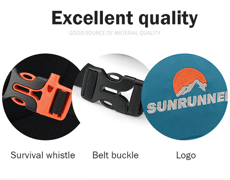 Close-up of hiking backpack features: orange survival whistle, durable belt buckle, and Sunrunner logo, emphasizing excellent quality.