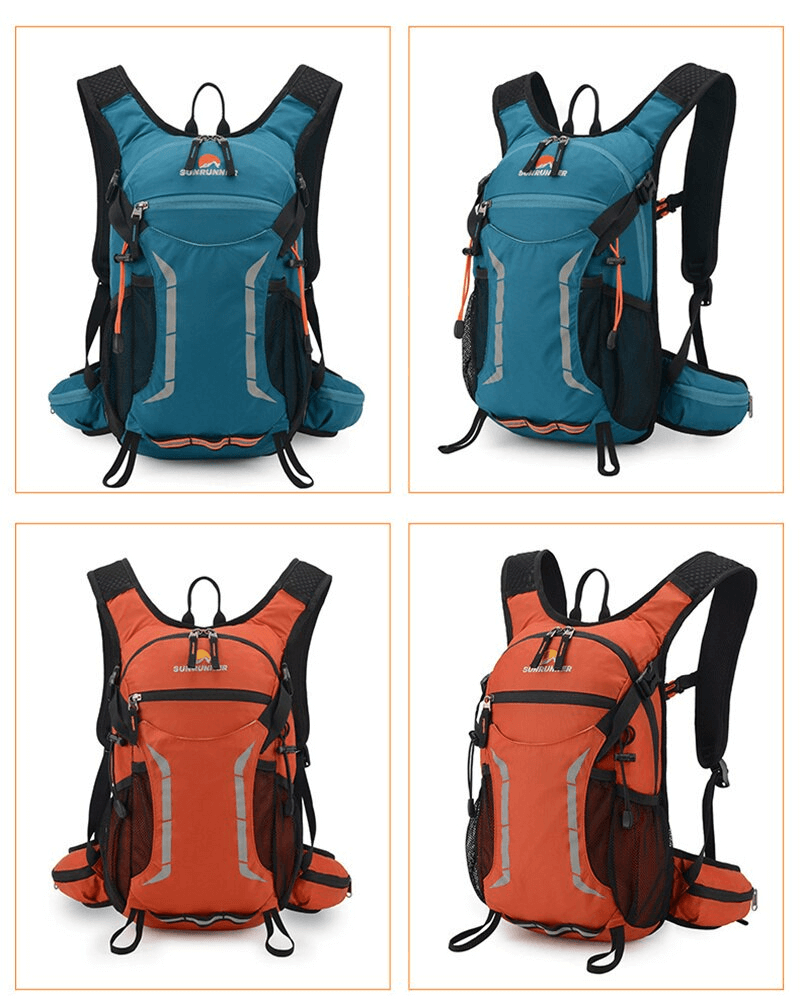 Two waterproof hiking backpacks in blue and orange, featuring multiple pockets and breathable mesh for outdoor adventures, 15L capacity.