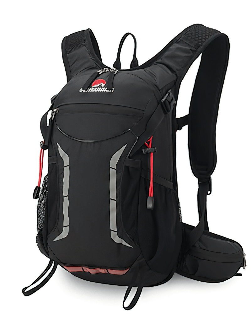 Black waterproof hiking backpack with multiple pockets, adjustable straps, and breathable mesh, ideal for outdoor adventures.
