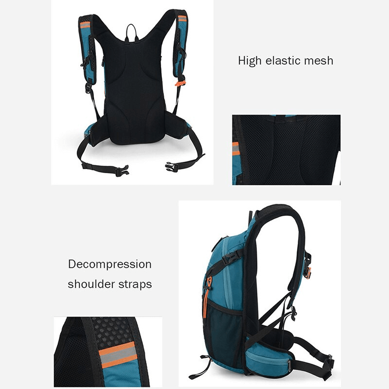 Alt Tag: Side and back view of a blue waterproof hiking backpack featuring multiple pockets, high elastic mesh, and decompression straps.
