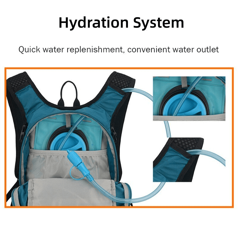 Blue hiking backpack hydration system with quick water outlet, featuring a built-in reservoir. Ideal for easy water access on the go.
