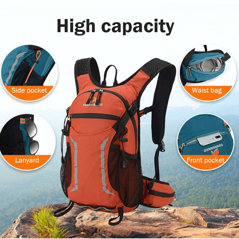 Orange 15L hiking backpack with multiple pockets, perfect for camping. Features side pocket, waist bag, and breathable straps.