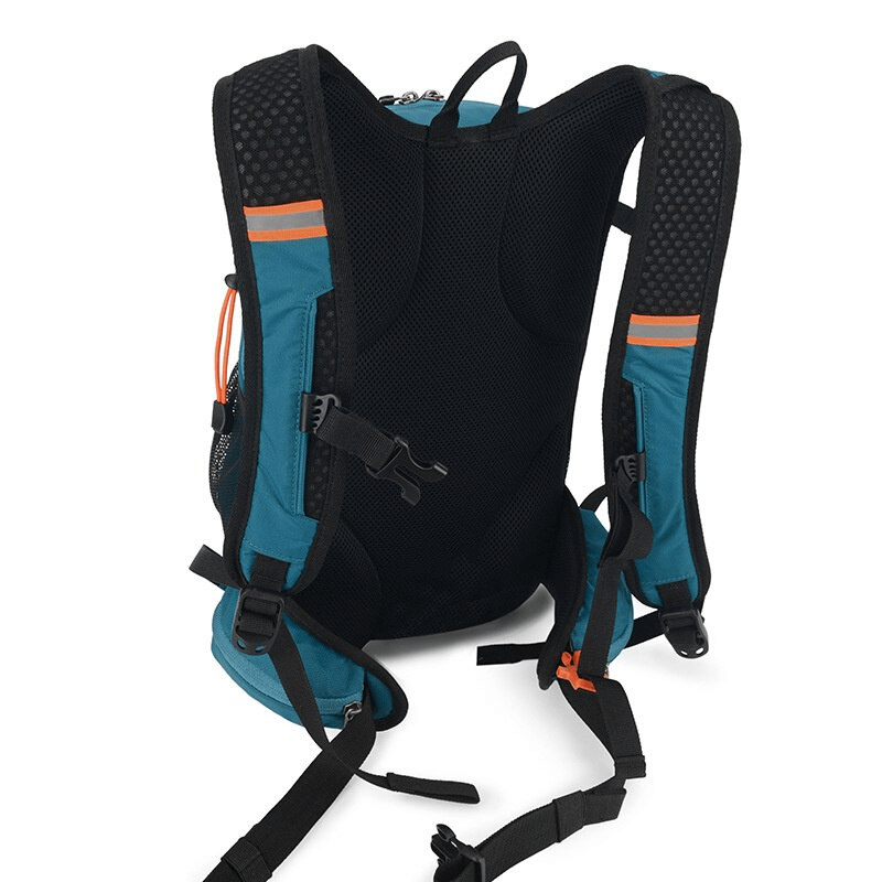Back view of waterproof 15L hiking backpack with breathable mesh and air cushion straps, perfect for camping and cycling adventures.