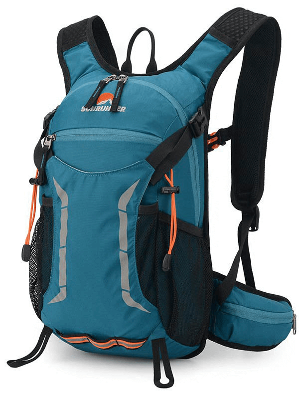 Turquoise 15L hiking backpack with multiple pockets, waterproof design, and breathable air cushion strap for outdoor adventures.
