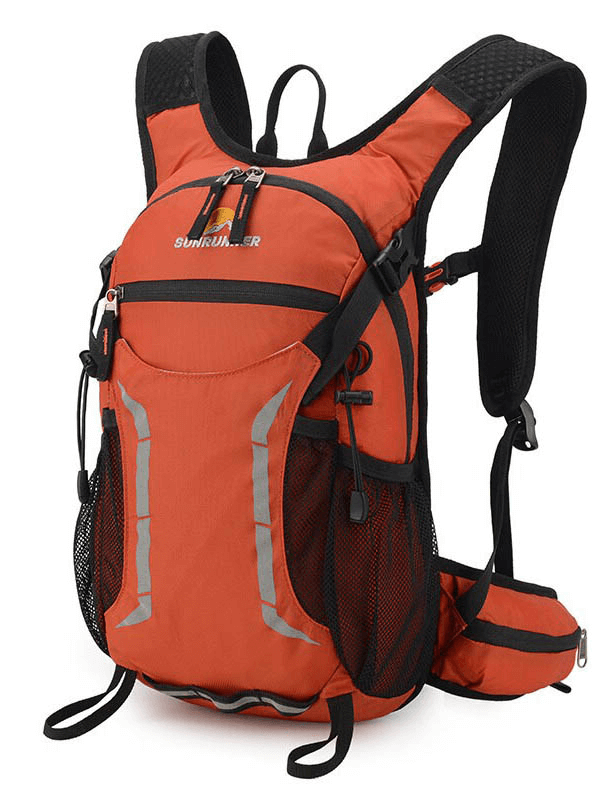 Orange waterproof hiking backpack with multiple pockets, air cushion straps, and durable nylon for camping or cycling.