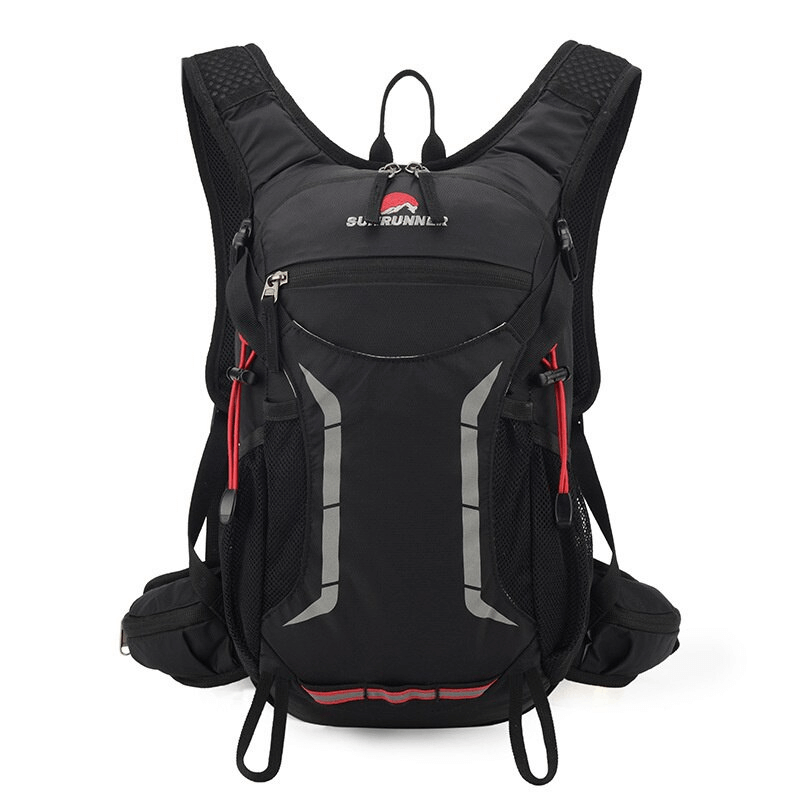 Black waterproof hiking backpack with multiple pockets and breathable mesh, 15-20L capacity, perfect for camping and outdoor adventures.
