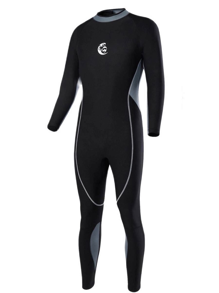 Neoprene 2mm scuba diving suit with back zipper, ideal for warmth and comfort in cold waters, quick-dry black and grey design, SF0838.