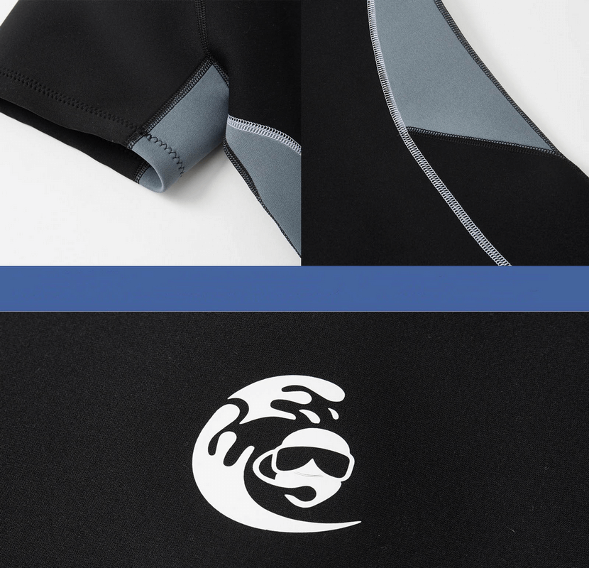 Neoprene 2mm scuba diving suit close-up with sleek zipper and stylish wave logo.