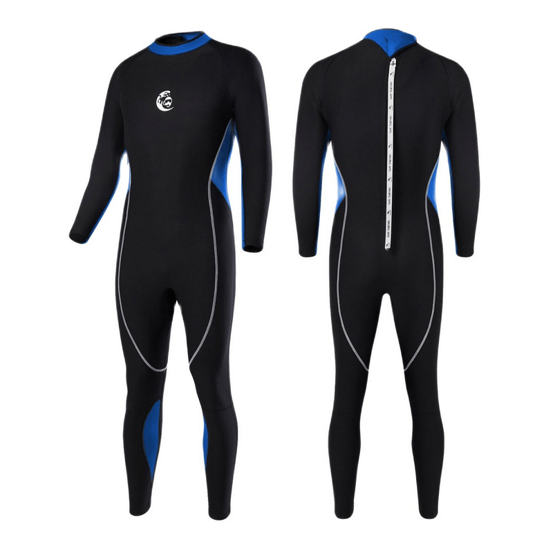 Neoprene 2mm scuba diving suit with back zipper, featuring black and blue design, ideal for cold water swimming and diving.