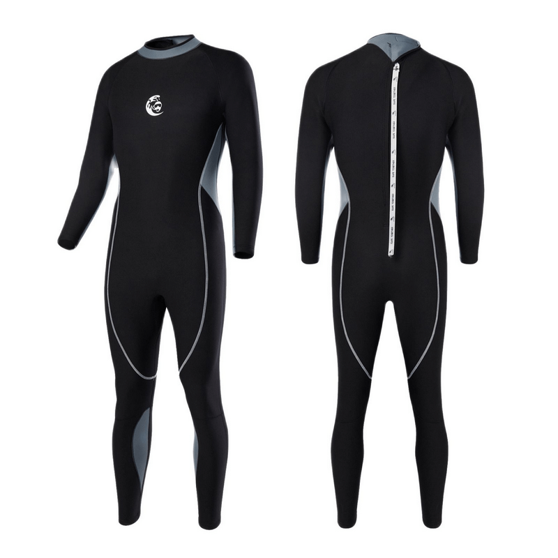 Neoprene 2mm scuba diving bathing suit with zipper on back, showcasing front and back design.