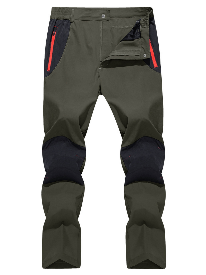 No fleece lined waterproof hiking pants for men, sleek design with zipper-fly and red accents, ideal for outdoor adventures.