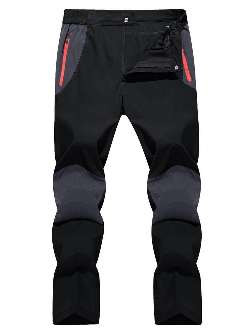 Black waterproof hiking pants for men with zipper pockets and straight fit, perfect for outdoor adventures.