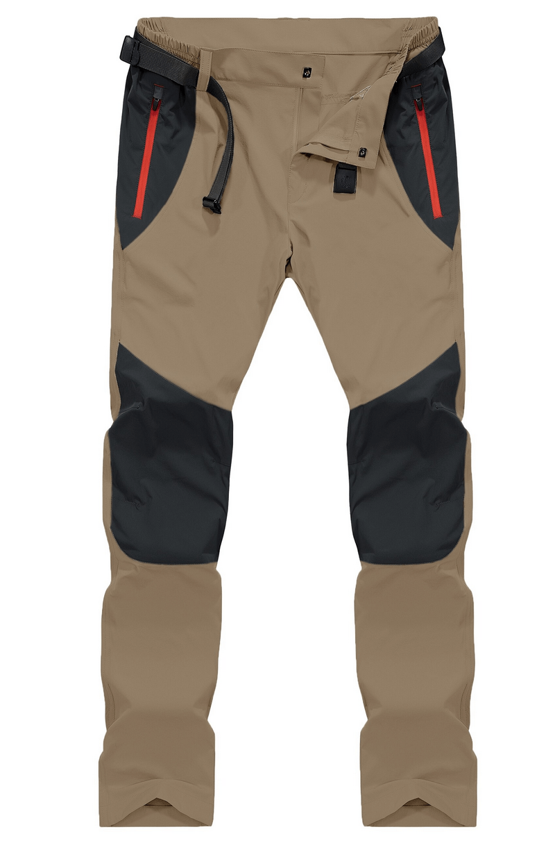 Men's straight hiking trousers, waterproof brown polyester with black knee pads and zipper pockets - perfect for outdoor adventures.