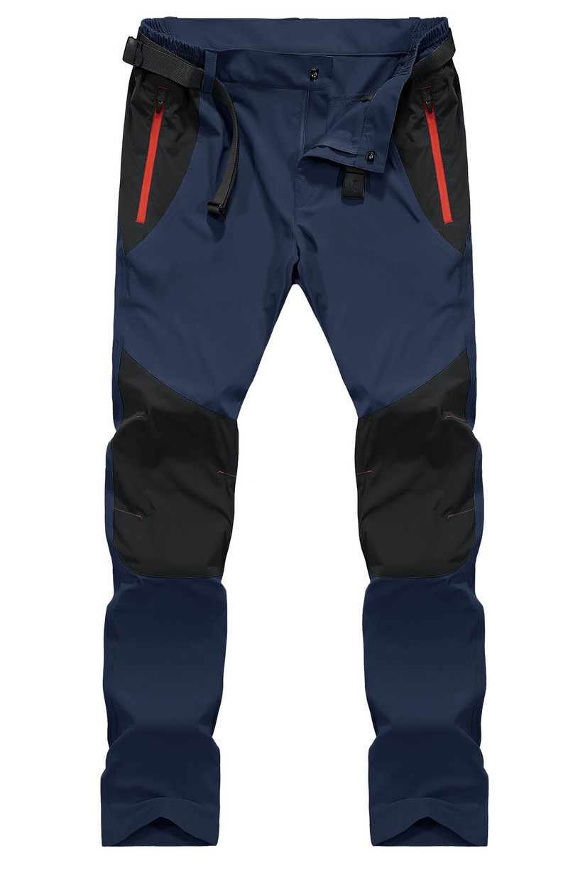 Men's waterproof hiking pants, no fleece, in navy blue, featuring zipper-fly closure and flat front design, perfect for outdoor adventures.