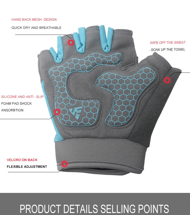 Gray and blue non-slip breathable half-finger gloves for weightlifting, yoga, and cycling with silicone grip and velcro adjustment.