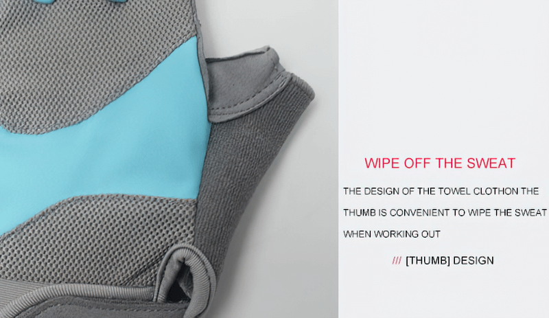 Close-up of blue and gray half-finger glove with non-slip design and sweat-wiping thumb feature for workouts.