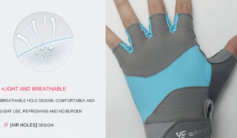 Blue non-slip breathable half-finger gloves for weightlifting, yoga, cycling with air holes design on a hand, showcasing comfort and grip.