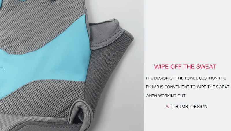 Close-up of gray and blue non-slip half-finger gloves with sweat-wiping thumb design for weightlifting and cycling.