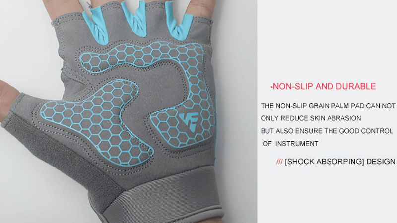 Gray and blue non-slip breathable half-finger glove for weightlifting, yoga, cycling with durable grip and shock-absorbing design.